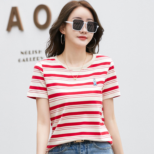 399 K-Pop Striped Cotton Short-Sleeve T-Shirt for Women - Summer Casual Fashion, Unique Design with Embroidered Bear, Loose-Fitting Top