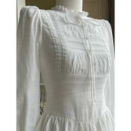 2025年新款简约气质收腰显瘦花边长袖连衣裙小个子女网纱色拼接