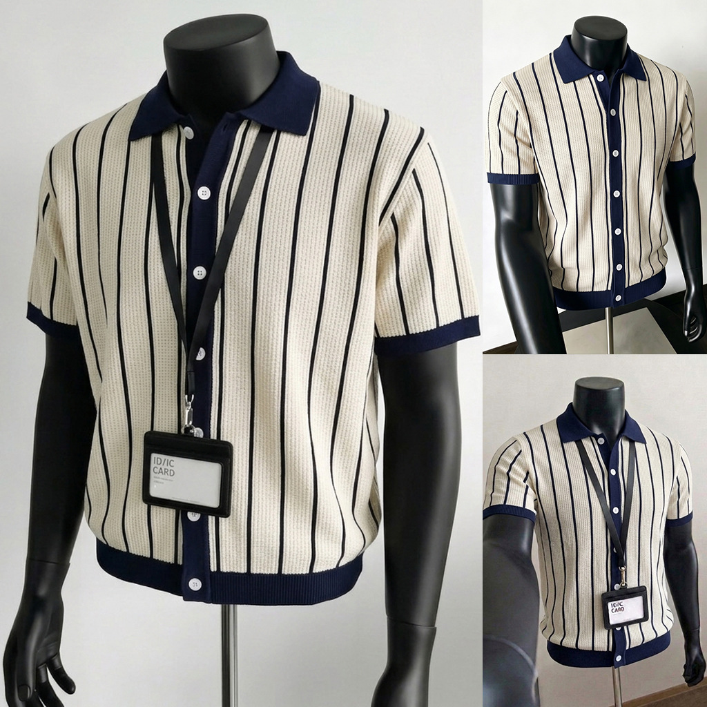 Camisas polo de cuello V camisa de punto de manga corta hombre cardigan rayas viejas líneas de hielo de viento de verano fábrica transfronteriza al por mayor