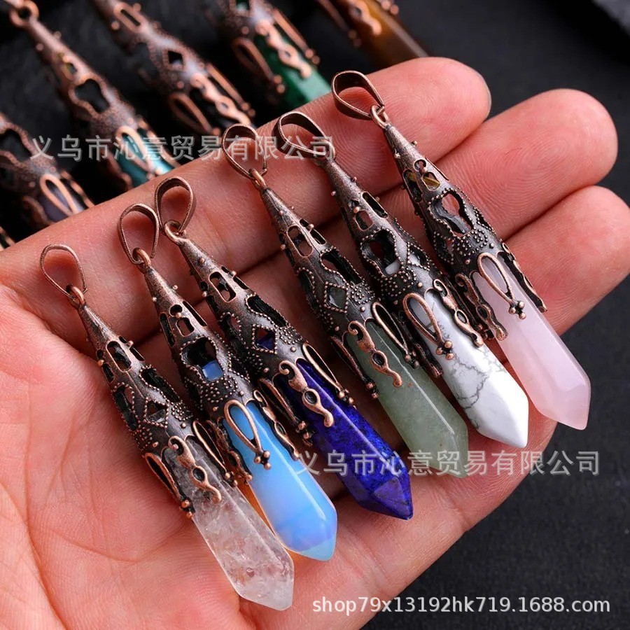 European and American Retro Jewelry, Natural Stone, Ancient Bronze Pendulum, Hexagonal Prism, Trumpet Flower Pendant, Simple Hanging Ornament, Women's Necklace
