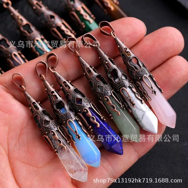 European and American Retro Jewelry, Natural Stone, Ancient Bronze Pendulum, Hexagonal Prism, Trumpet Flower Pendant, Simple Hanging Ornament, Women's Necklace