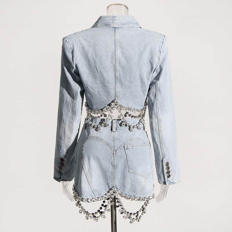 Personality Short Cropped Outfit Slimming Denim Top Hip Wrapped Skirt Diamond Embedded Denim Suit Women