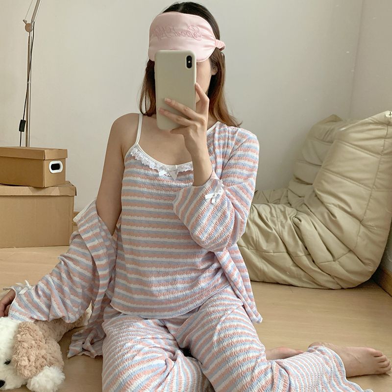 Cream striped three-piece pajama set for women, spring and autumn style, long-sleeved, camisole, home wear with chest pads, can be worn outside, macaron color