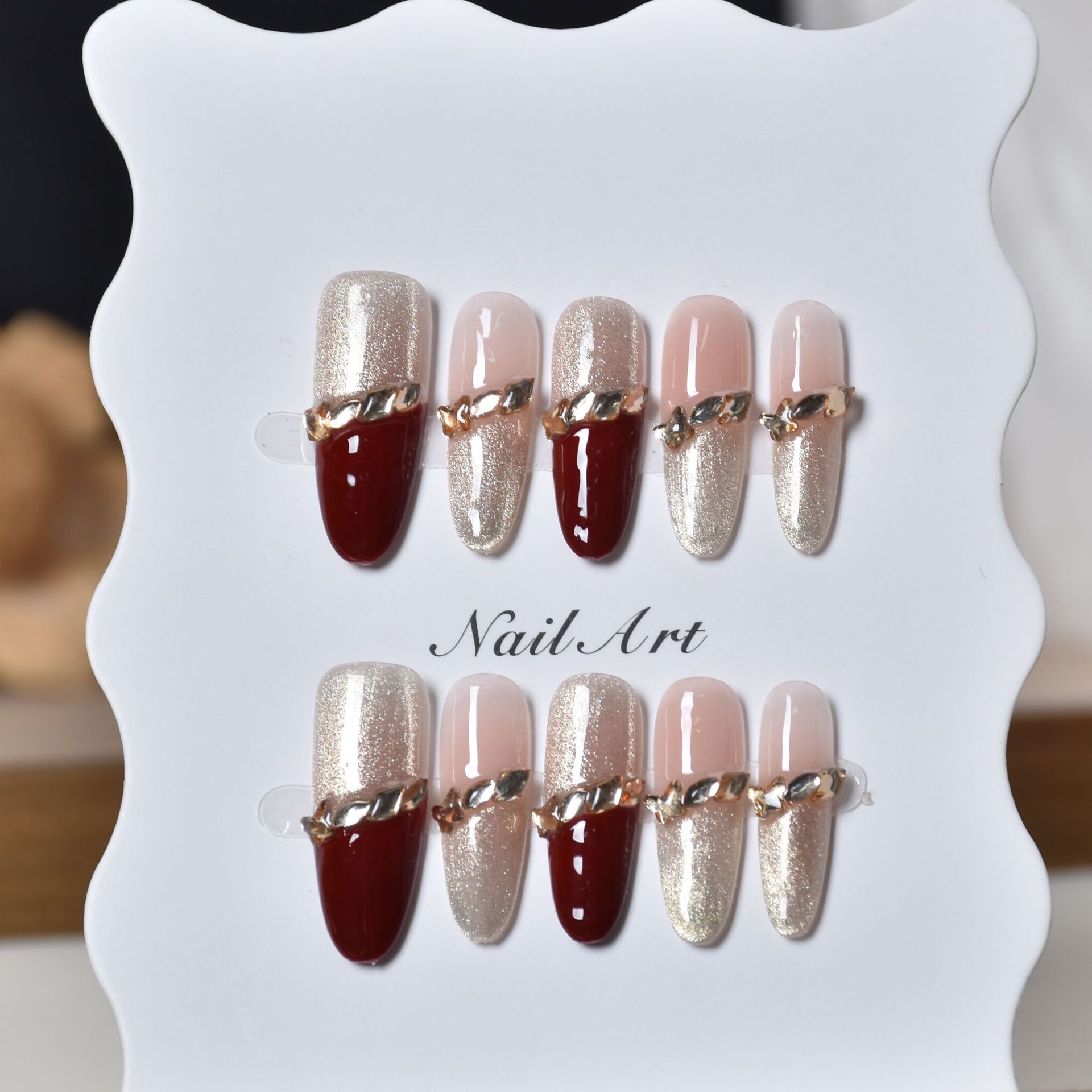 Manual puro francés ojo de gato usar manicure parche de uñas acabado vino rojo oro blanqueador parche de uñas blanqueador brillante