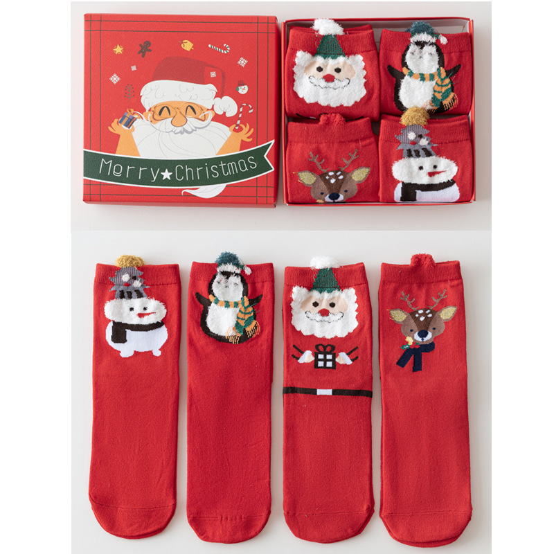 Medias de Navidad transfronterizas caja de regalo otoño y invierno nuevos productos de dibujos animados estereoscópicos lindos calcetines de mediana de mujer mediana medias rojas de Navidad al por mayor
