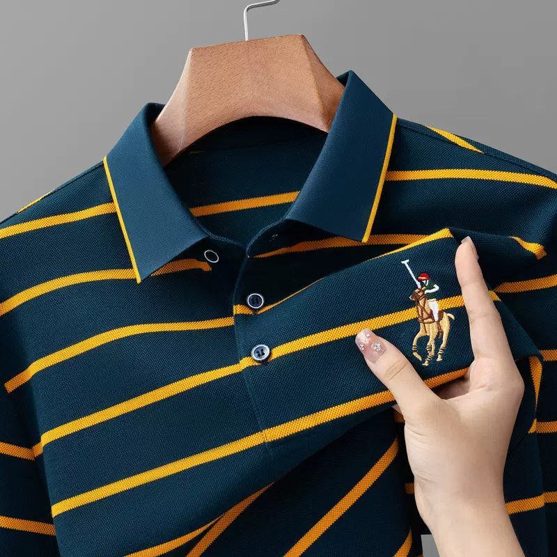 保罗正品春秋爸爸棉质色织条纹长袖男士polo衫商务休闲百搭翻领衫