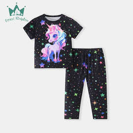 2025年夏季新款儿童短袖长裤套装女童卡通独角兽两件套中小童服装