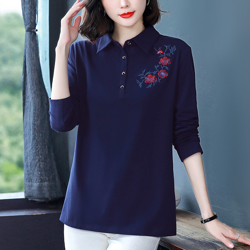 Lapel women's T-shirt long sleeve middle-aged and elderly mothers autumn clothes 2023 new top polo collar cotton bottoming shirt autumn clothes
