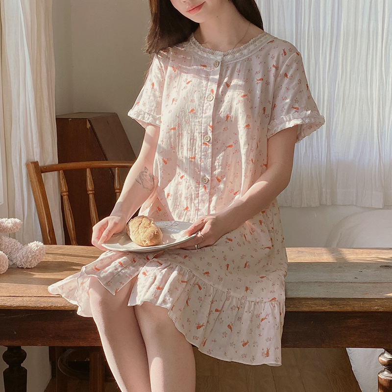 Verneis Summer Popular Pure Cotton Gauze Pajamas, Comfortable Open-Button Nightgown, Sweet Home Clothes, Women Can Wear Outside Verneis Summer Popular Pure Cotton Gauze Pajamas, Comfortable Open-Button Nightgown, Sweet Home Clothes, Women Can Wear Outside