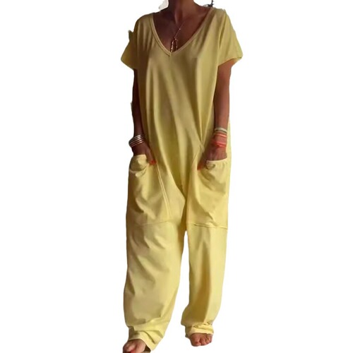 European and American-style summer women's independent online store: Solid-color V-neck oversized pocket low-rise straight-leg jumpsuit