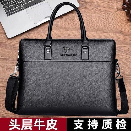 Business Briefcase for Men, Genuine Leather Casual Style, Single-Shoulder Laptop Handbag in Top-Grain Cowhide, Cross-Border Product
