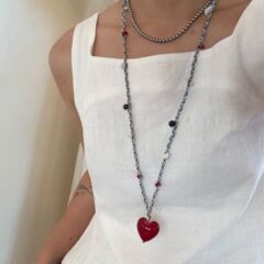 复古彩色编织棉绳红色老琉璃爱心吊坠项链天然石串珠长款毛衣链女