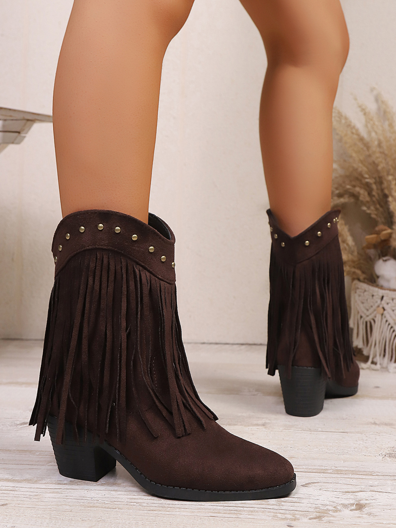 Damen Cowboy Stiefel Aus Wildleder Mit Blockabsatz Und Fransen_voghion.com