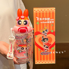 飛天小女警水杯高颜値かわいいプラスチックカップ耐高温tritan学生ストローカップ携帯カップ