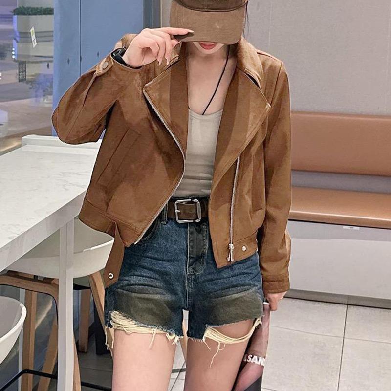 Maillard Autumn Irregular Lapel Side Zipper Suede Short Jacket Women's Motorcycle Short Jacket Top Trendy