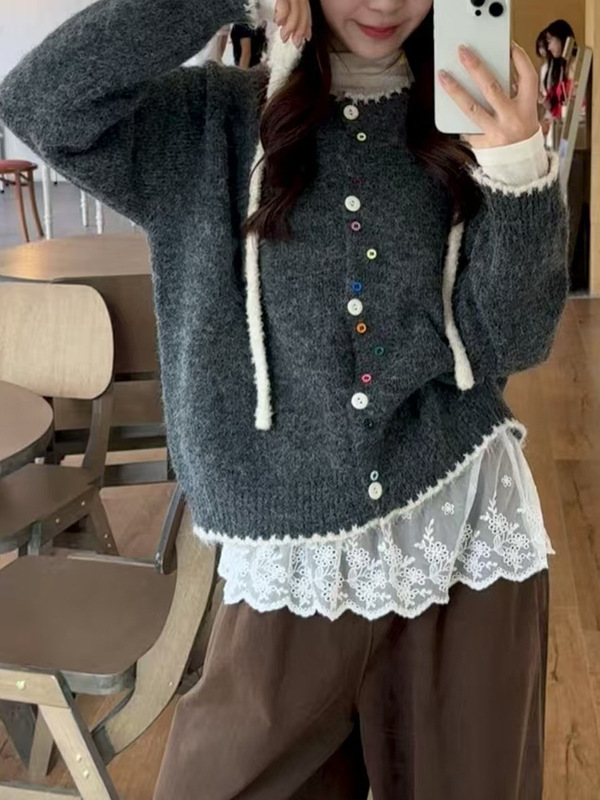 韩系清新彩扣圆领针织开衫女2025秋冬新款宽松学院风软糯毛衣外套|undefined