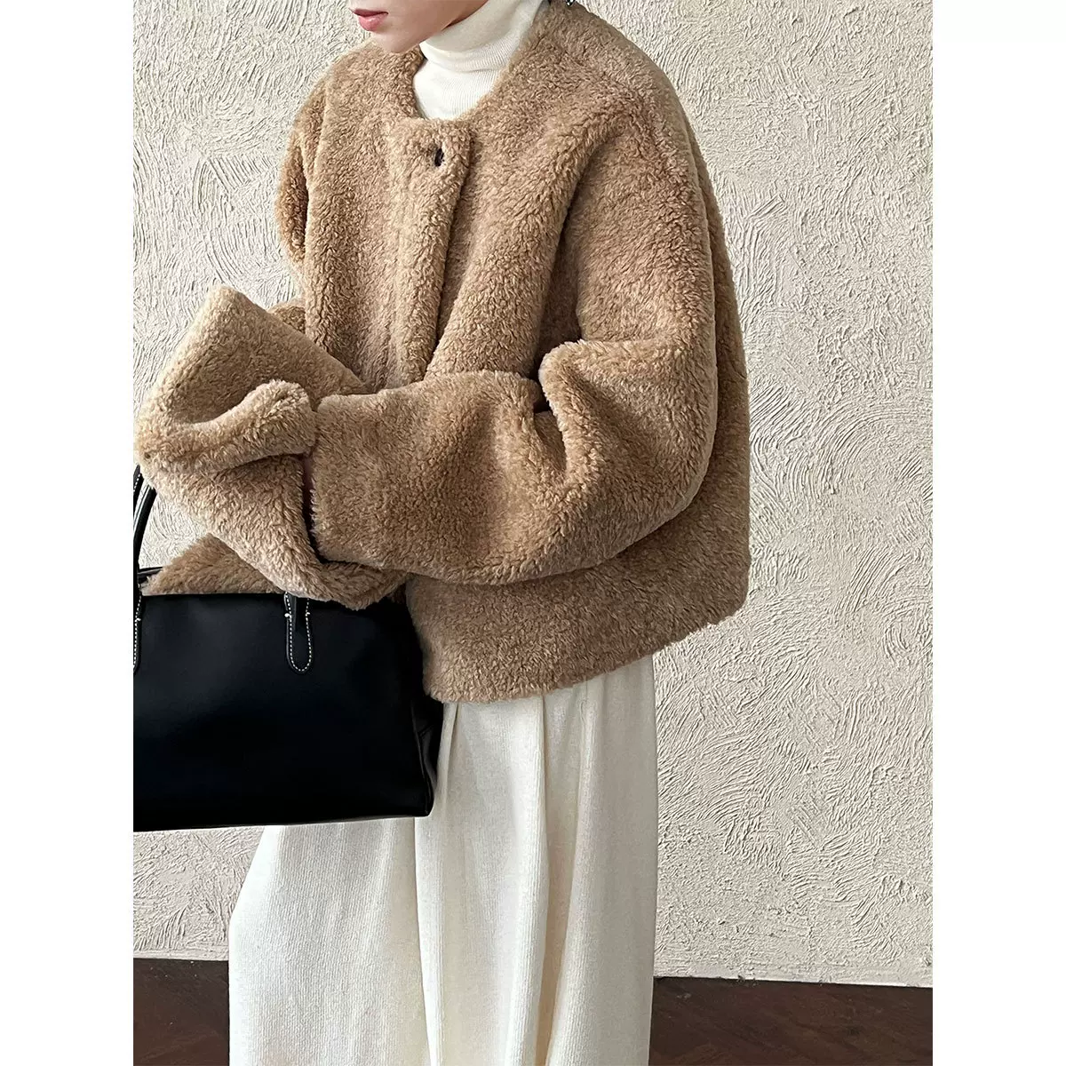 鹿西 皮毛一体羊羔毛外套女冬季配围巾保暖毛绒环保皮草上衣3740