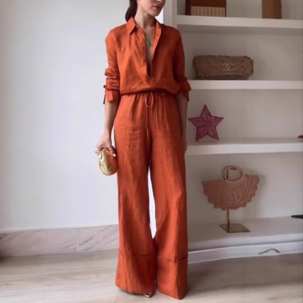 Independent Site Cross-Border European and American New Style Solid Color Shirt Pocket Pants Casual Tie Set for Women Ntz6009 Independent Site Cross-Border European and American New Style Solid Color Shirt Pocket Pants Casual Tie Set for Women Ntz6009