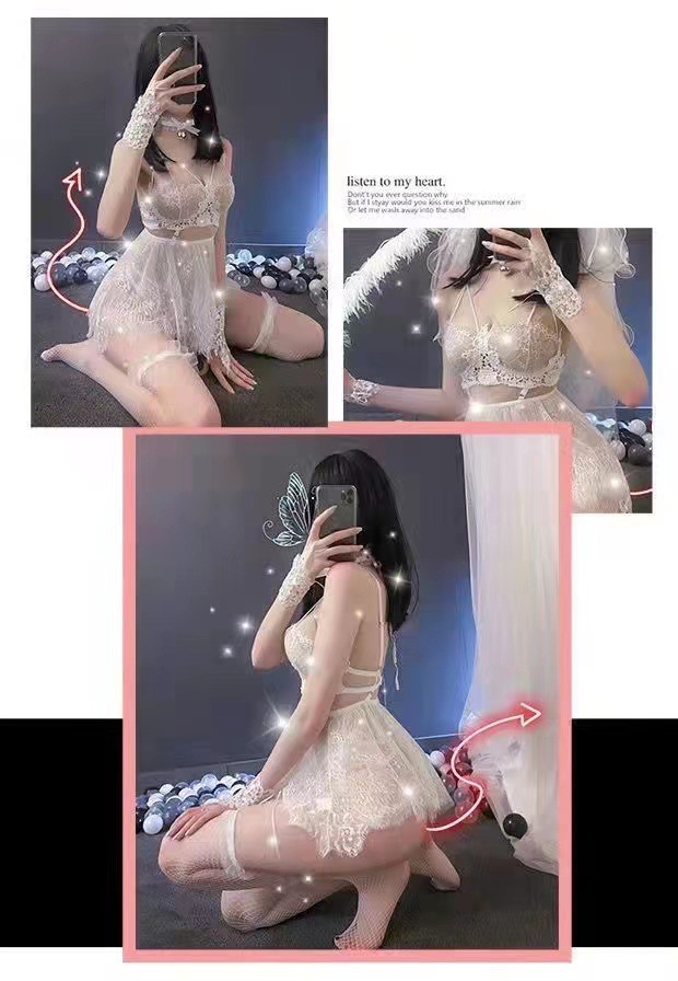 Bridal Lace Lingerie Set with Veil, Gloves, Fishnet Stockings and Bell — detail image 2