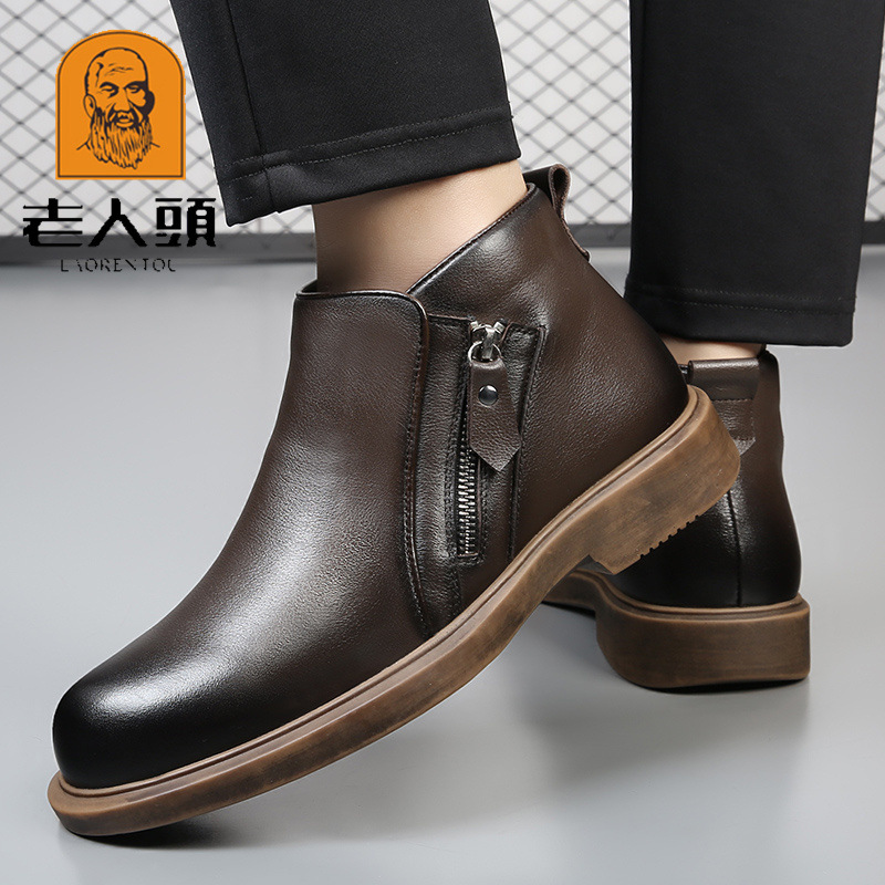老人头冬季加绒羊毛保暖棉靴真皮高帮短靴男士棉鞋商务正装皮靴子