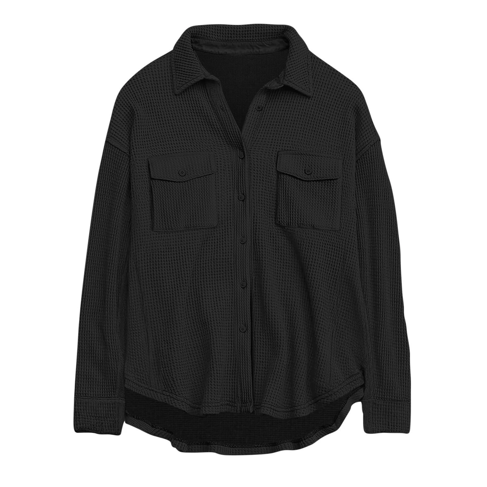 Женская рубашка-поло 2025 года в европейском и американском стиле, однотонная, повседневная, свободного кроя, с длинным рукавом, вафельная ткань