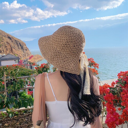 Straw Hat with Lace Butterfly Knot Lattice Handmade Crochet Summer Sunshade Sun Hat Fashion Bucket Hat