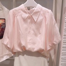 2024新款法式粉色短袖衬衫女夏季设计感小众漂亮小衫别致绝美上衣