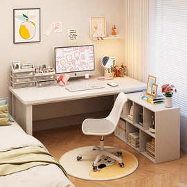 转角书桌家用学习写字桌子女生卧室梳妆台书柜一体I型拐角电脑桌