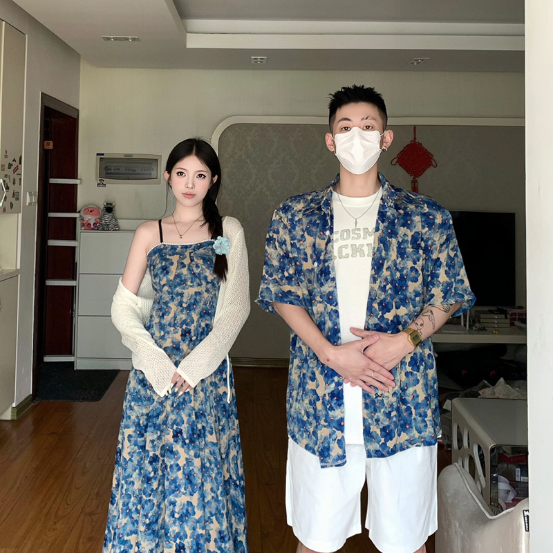 2024 여름 커플 의류 여성 티 브레이크 프렌치 레트로 꽃 스트랩 비치 원피스