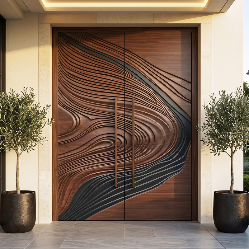 Luxury aluminum double-door entrance door for villas and mansions, custom-designed artistic door, modern minimalist wood grain and wave pattern double door