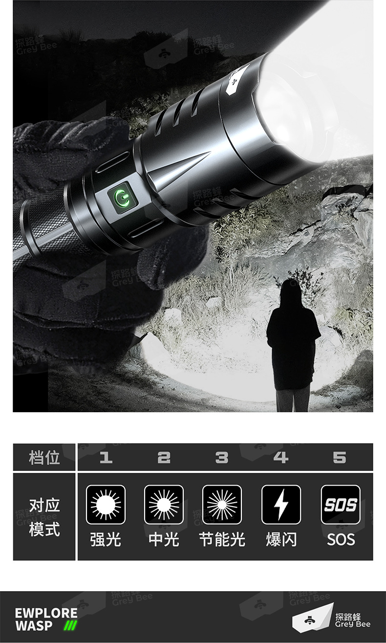 Pathfinder Bee X11 Strong Light Flashlight Ultra-Long Battery Life Rechargeable Outdoor Portable Zoom Multi-Function Flashlight