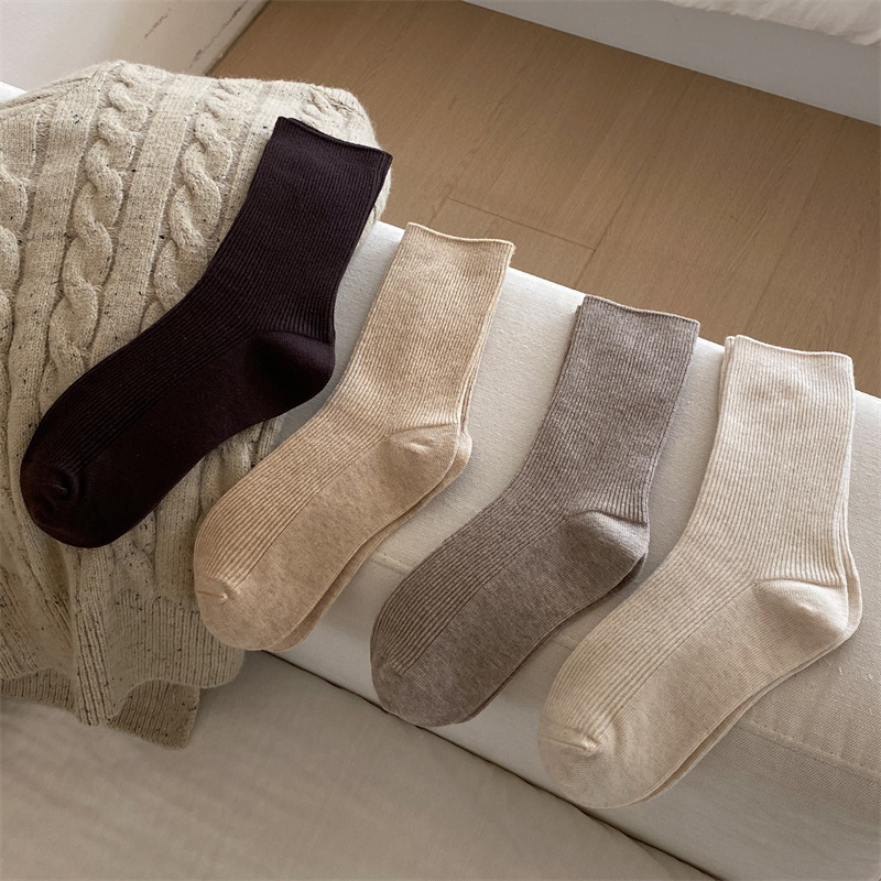 Autumn and Winter Socks Children's brown Mid-length Socks Double Needle Thin Strip Combed Cotton Stockings Gray Stacked Stockings for Small Leather Shoes