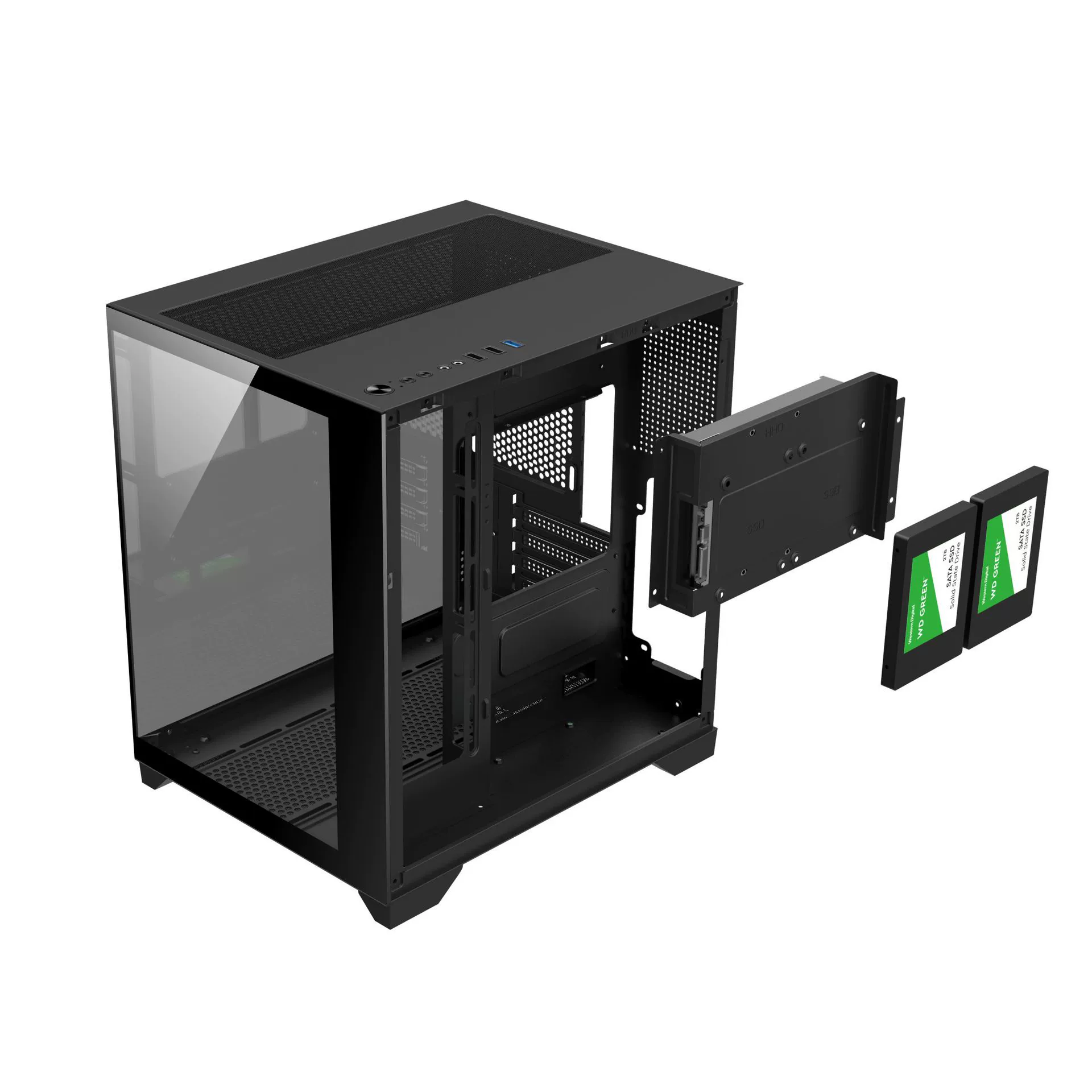 Mini panorama PC case MINI, steel frame, tempered glass side, water-cooling ready