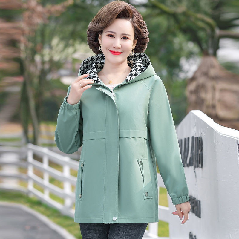 妈妈秋装新款外套时尚中老年女中长款连帽风衣春秋洋气薄款上衣50|undefined