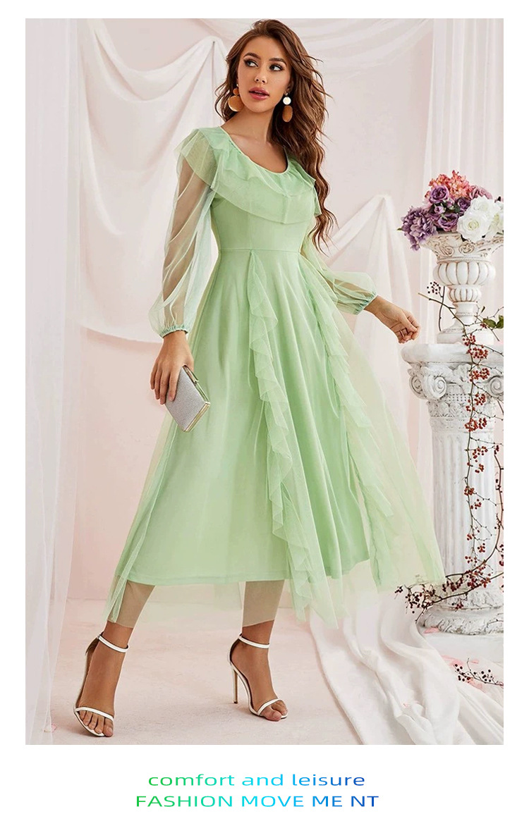 Gonna lunga in rete di pizzo girocollo abito a trapezio in rete a vita alta_voghion.com