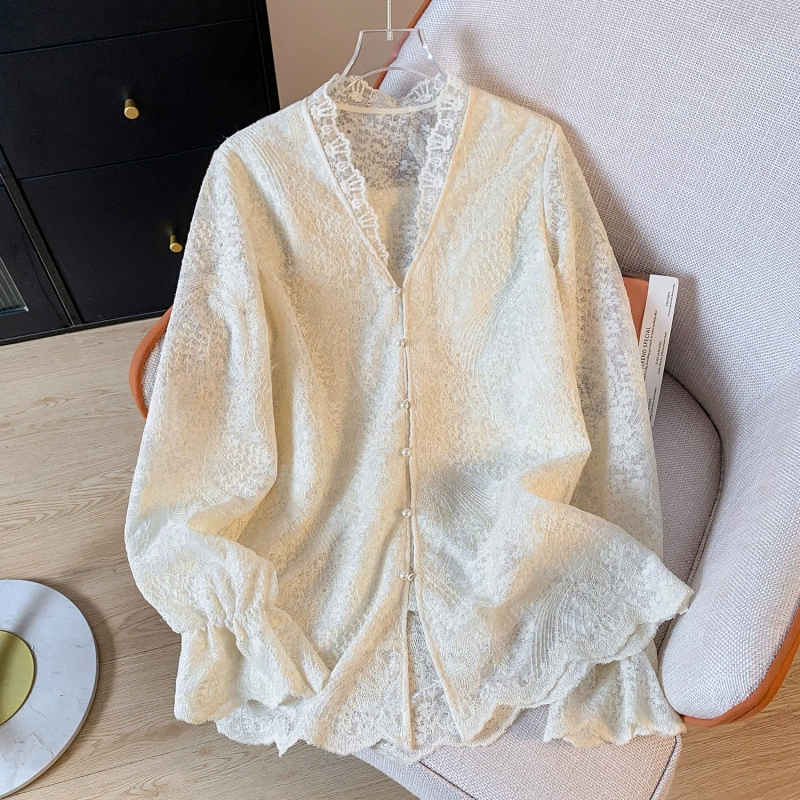 Реальная съемка нового китайского стиля улучшенная кружевная рубашка весенняя женская расклешенная рубашка с вышитыми рукавами жемчужная рубашка