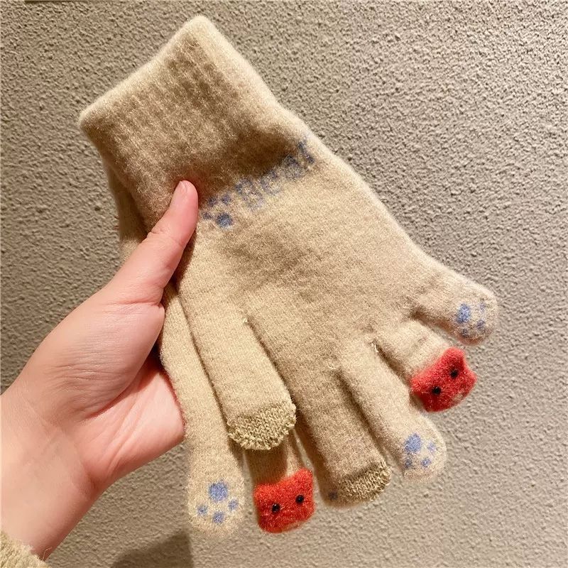 手袋の秋冬の女性のかわいい騎乗は保温を厚くして防寒学生のニットの毛糸を厚くして綿の手袋の5本の指に触れることができます。|undefined