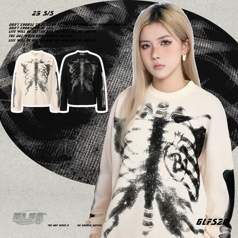 เสื้อแขนยาวลายกระดูก X-Ray สไตล์อเมริกันสตรีท