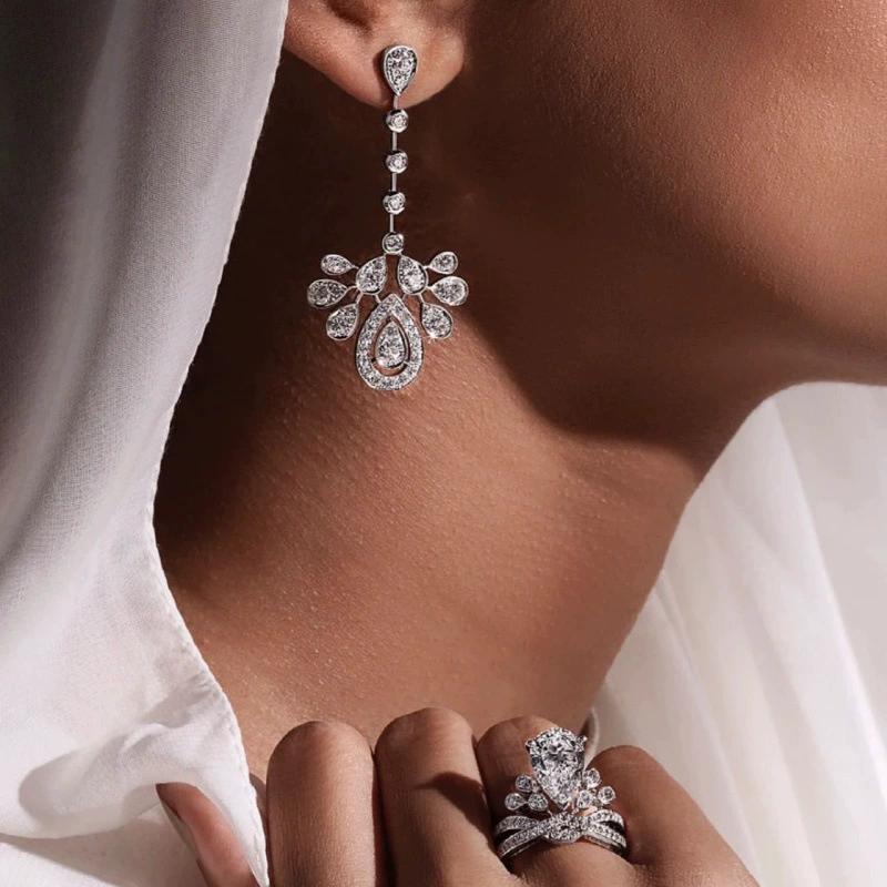 Earrings, necklace, set, ring, diamond encrusted, high-quality style, light luxury style