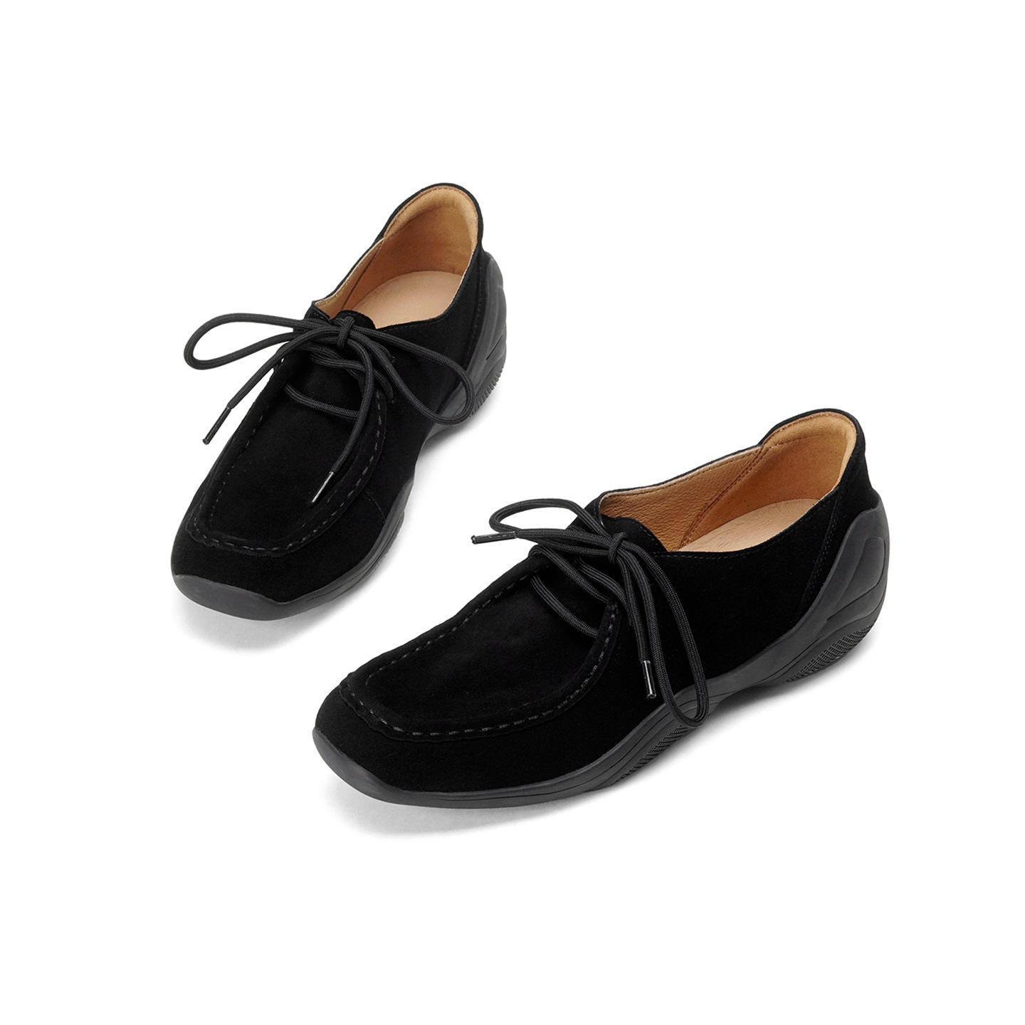 Giày lười nữ mũi vuông da cừu mềm phong cách DeTrain vintage buộc dây — đen chi tiết 16