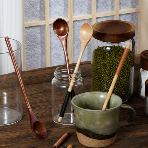 Japanese nanmu long handle spoon 20cm creative wire wrapped round handle honey spoon stirring spoon children's soup spoon small wooden spoon