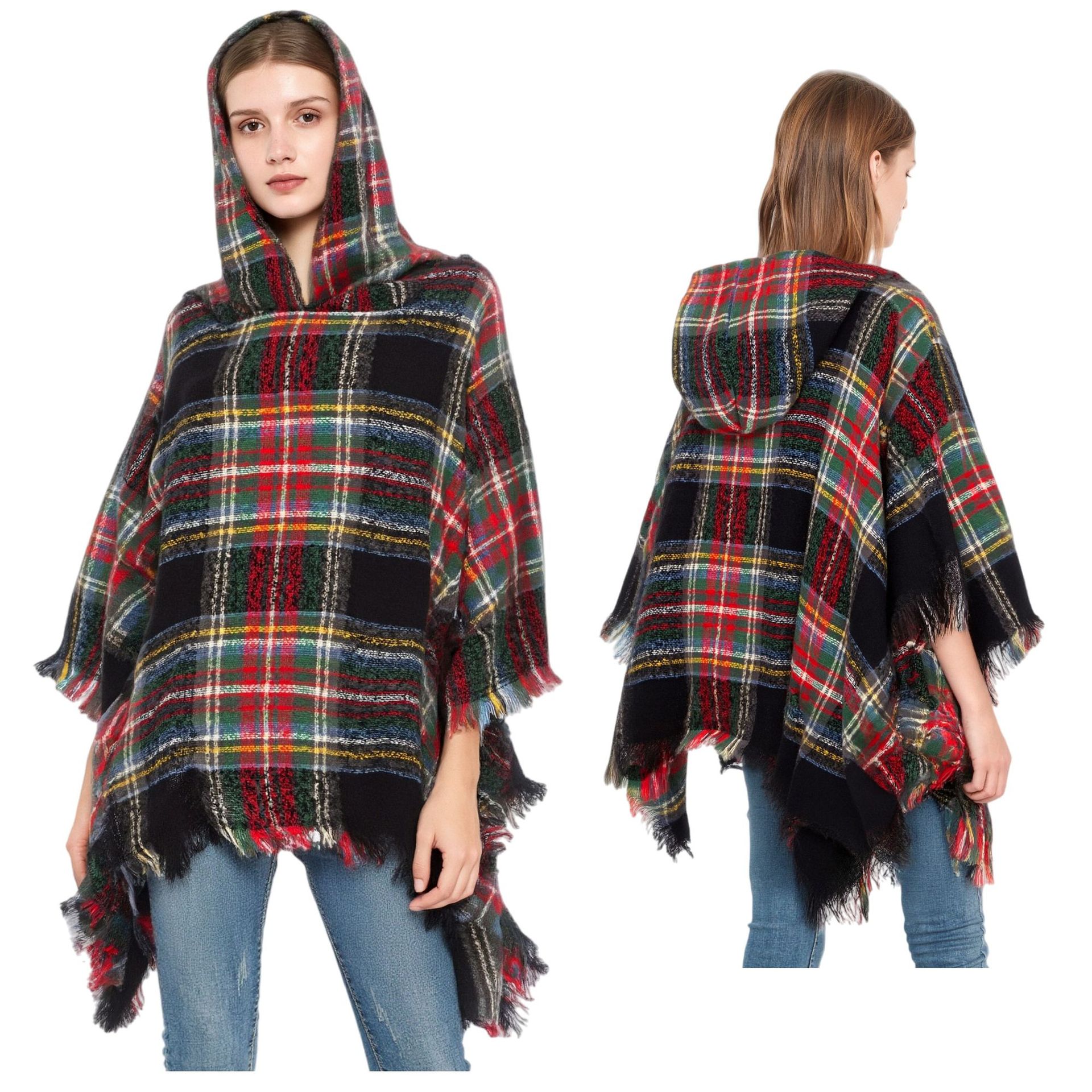 Amazon's Best-Selling Spring, Autumn, and Winter Christmas Green Plaid Hooded Cape Shawl for Women, Mid-Length Shawl for Export to Europe and America