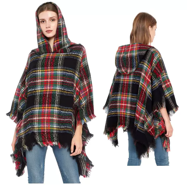Amazon's Best-Selling Spring, Autumn, and Winter Christmas Green Plaid Hooded Cape Shawl for Women, Mid-Length Shawl for Export to Europe and America
