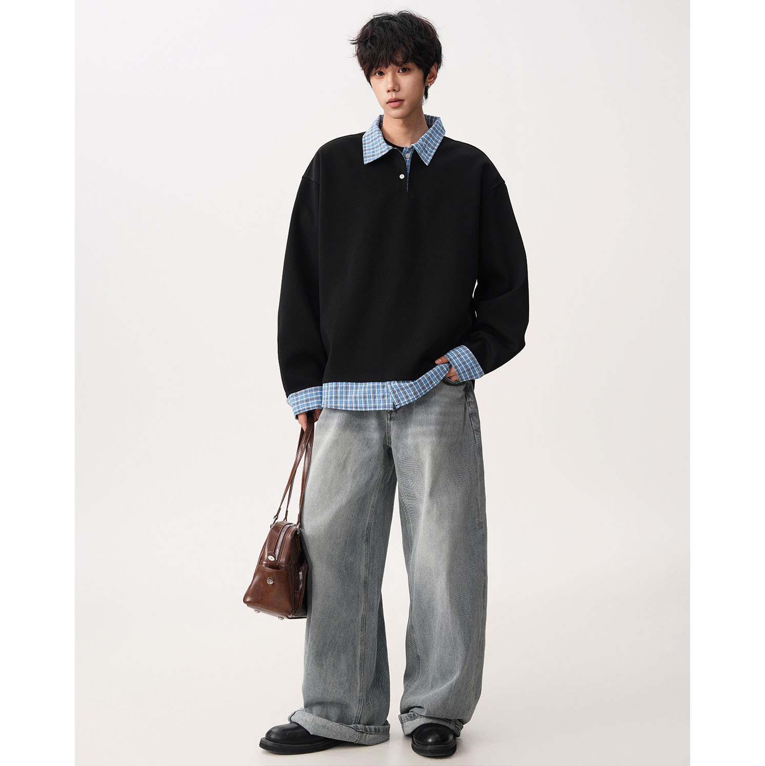 Falsa camisa de dos piezas cuello de costura polo camisa vieja camisa de estilo de dinero para hombre sensación superior primavera y otoño fábrica de manga larga transfronteriza al por mayor