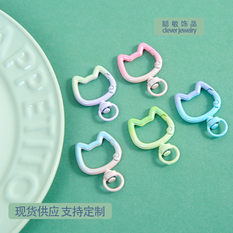 Colorful Gradient Cat Head Spring Buckle Cute Alloy Keychain Jewelry Pendant DIY Bead Accessories Materials Wholesale