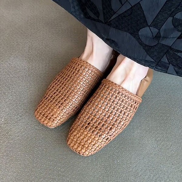 シープスキンバージョン~フレンチレトロスクエアトゥ中空織りフラットシューズレディース万能通勤スリッポンフラットシューズ|undefined