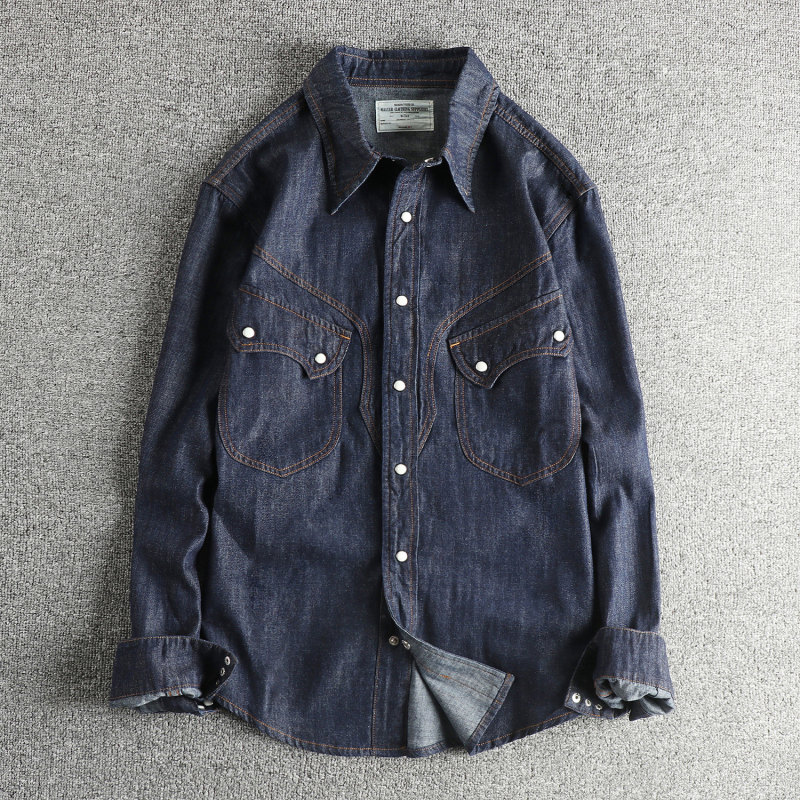 Replica American Western Retro Style Men's Denim Shirt with Pearl Button Design, Trendy New Shirt Jacket