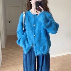 克莱因蓝软糯仿水貂绒针织开衫女2025秋冬季圆领慵懒风毛衣外套女