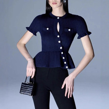 法式优雅2025秋季设计感斜襟镂空荷叶边针织开衫上衣