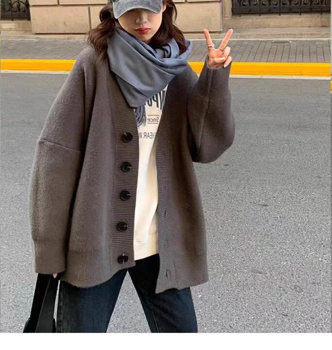 黑色羊毛外套女大码2025加厚外穿复古中长款慵懒宽松v领开衫毛衣|undefined